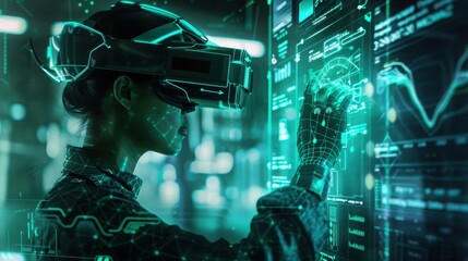 Woman Uses Virtual Reality Headset To Interact With Digital Data