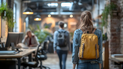 Student Walks Through Modern Office, Backpack, Casual