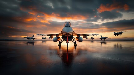 Jet Fighter Parked for Refueling in Dramatic Sunset