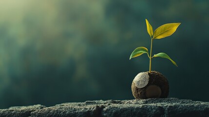 Obraz premium Sustainable finance and investment concept with a plant sprouting from savings coins -