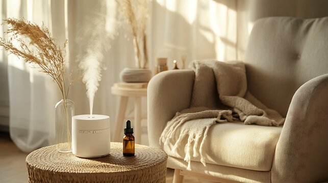 A selection of essential oils, a diffuser emitting a calming mist, and a cozy armchair with a warm throw, designed for a relaxing self-care routine at home 
