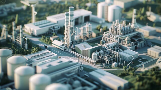 Industrial plant with smoke stacks, symbolizing carbon capture and emissions reduction.