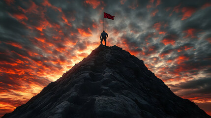 Climber Plants Flag on Peak, Sunset Triumph