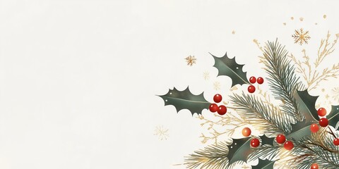 Elegant Christmas design features holly leaves, berries. Festive graphic art perfect for holiday email signatures. Christmas communication design with muted greens, reds. Suitable for cards