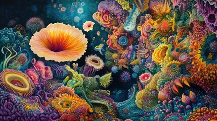 Naklejka premium Vibrant underwater scene with colorful coral reefs, flora, and fauna.