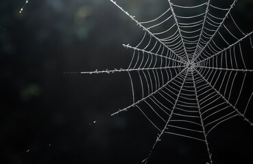 Naklejka premium Detailed close-up spider web intricate design against dark background. Nature design beauty. Creative pattern of web strands. Dark web photo for creative projects.