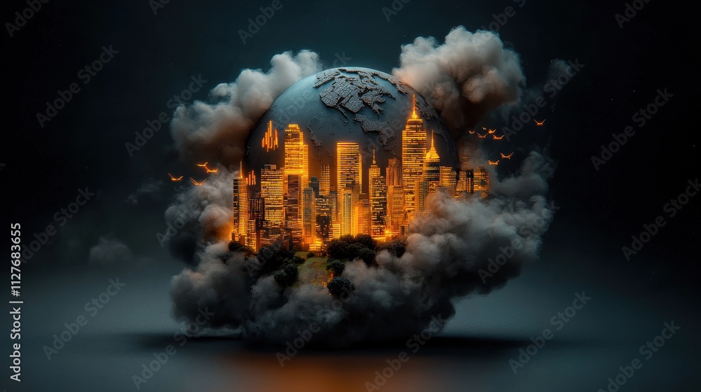 Poster glowing globe surrounded by data streams and clouds