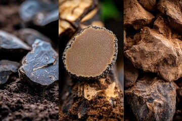 Fototapeta premium This image features a close-up slice of a truffle amidst earthy materials, showcasing its complex texture and emphasizing the beauty of nature's hidden treasures.