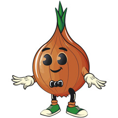 cute onion character wearing a bow tie and feeling cool, cartoon vector illustration, work of hand drawn