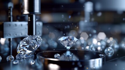 Precision machinery cutting a synthetic diamond, highlighting technology and craftsmanship.