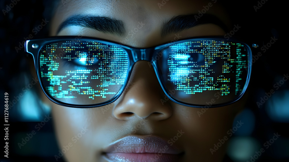 Poster code reflects: digital world in glasses, exploring programming's visual beauty