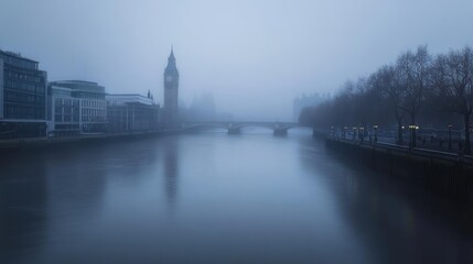 Obraz premium London cityscape, River Thames winding through historic and modern architecture, foggy morning,