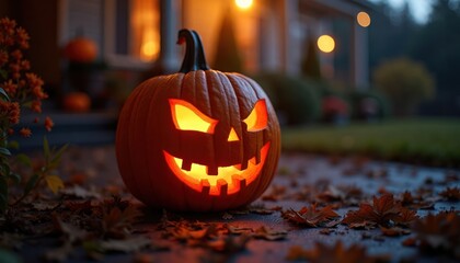 Spooky Halloween pumpkin glows on porch at night. Carved face, lit from inside. Autumn leaves on dark ground. Evening scene at house. Festive decoration for holiday. Creepy but charming ambiance.