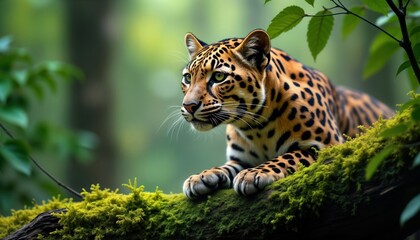 Clouded leopard rests stealthily on mossy tree branch. Wild animal camouflaged in rainforest plants. Predator in southeast asia jungle. Beautiful spotted cat, arboreal feline, native species. Exotic