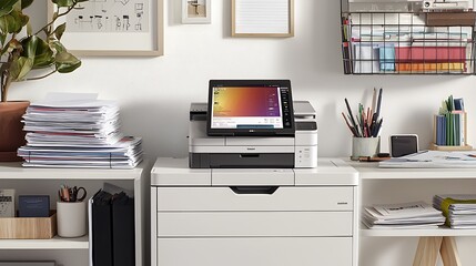 Modern home office with all-in-one printer, tablet, and organized workspace.