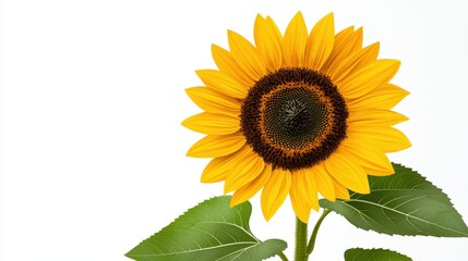Obraz premium Vibrant Sunflower Flower with Green Leaves on White Background