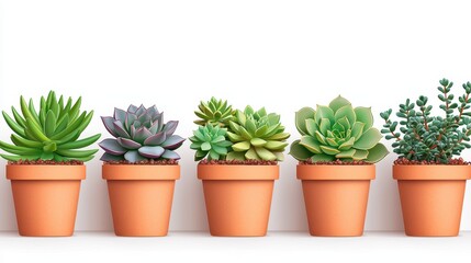 Fototapeta premium Colorful Succulents in Terracotta Pots on White Background