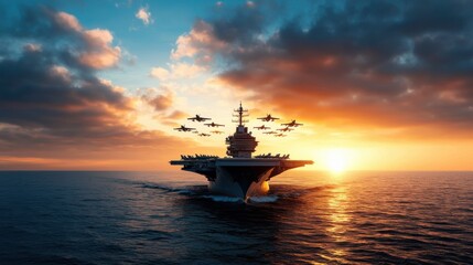 Fototapeta premium Massive Aircraft Carrier with Fighter Jets at Sunset