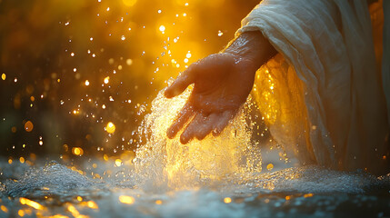 Golden Hour: Hand Touches Water, Sunlight Dazzles