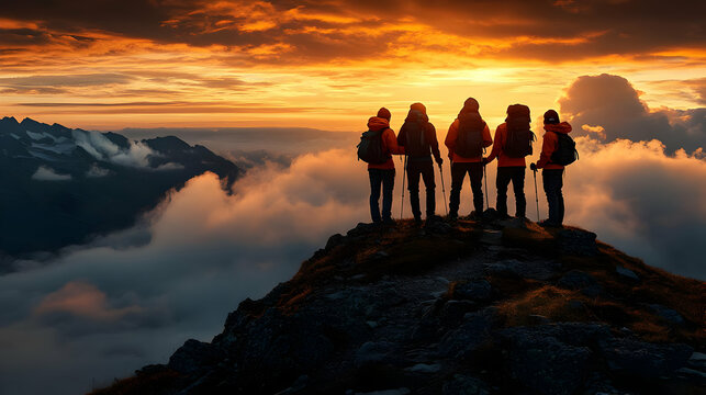 Hikers Reach Mountain Peak at Sunrise, Adventurous Journey Above Clouds