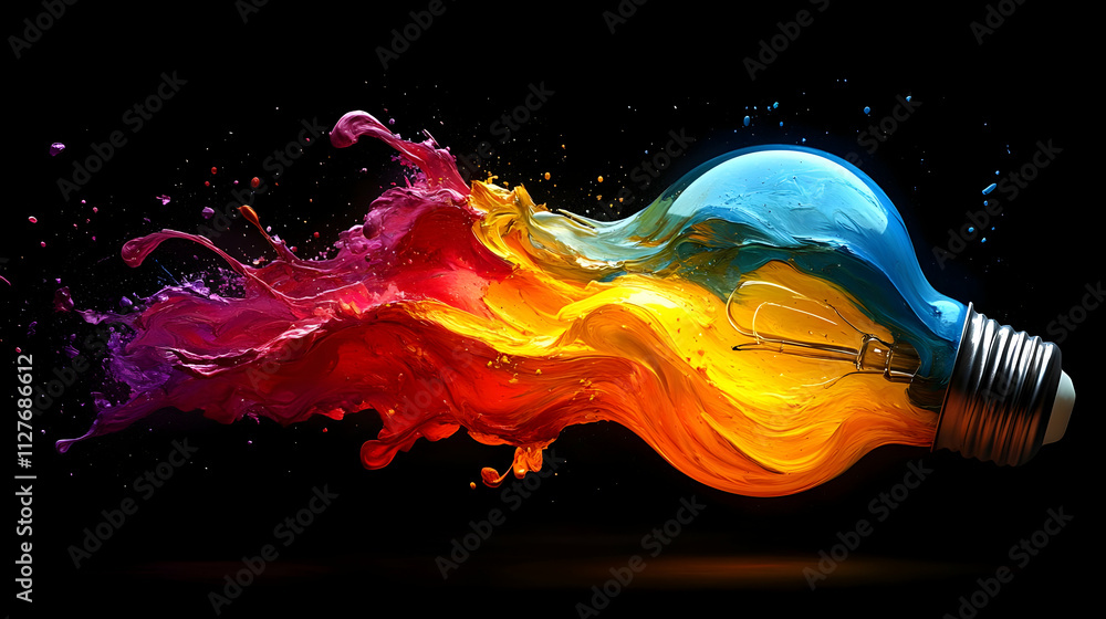 Poster vibrant colors exploding from a lightbulb: a creative visual masterpiece