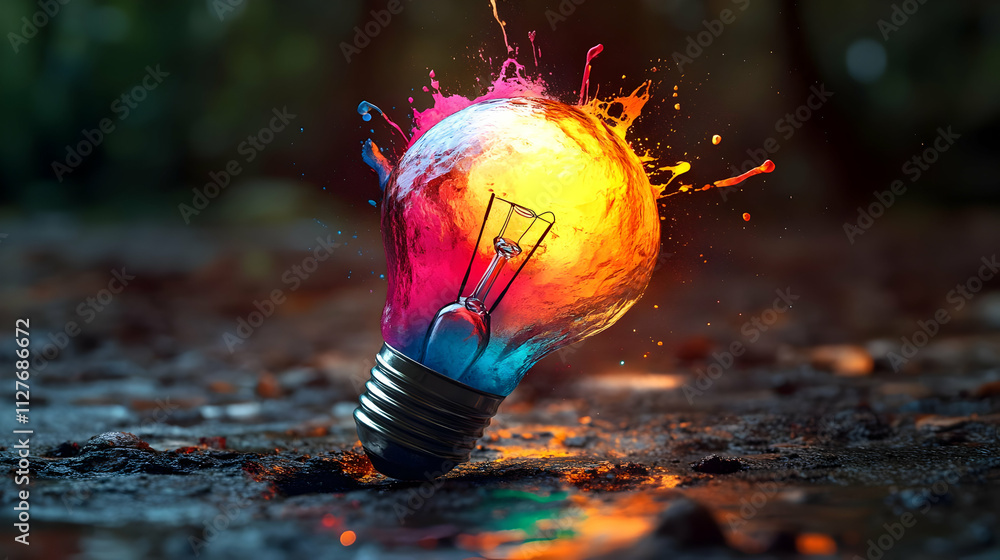 Poster vibrant lightbulb explodes with colorful paint splashes