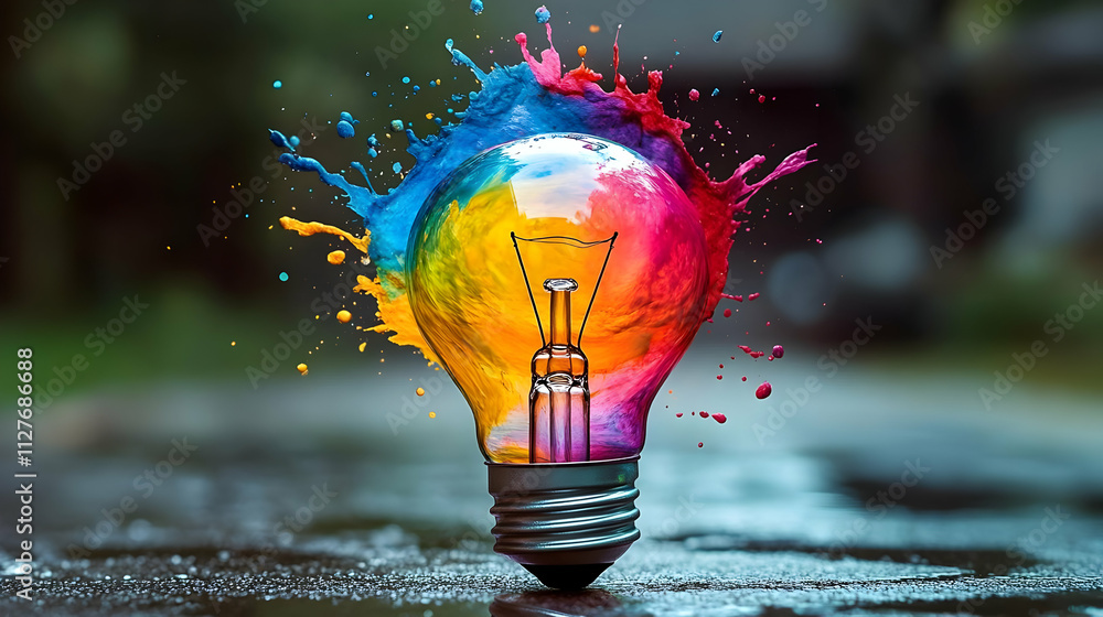 Poster vibrant colors explode from lightbulb: creative ideas burst forth