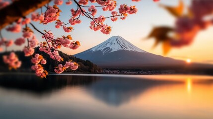 Cherry Blossoms Framing Mount Fuji at Sunrise