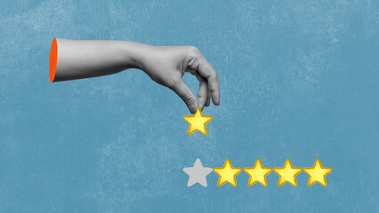 Human hand give a five star rating on a colored background