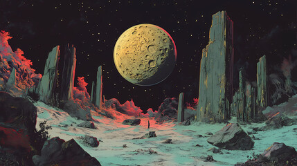 An ancient, sentient construct embedded within a moon, dormant for Eon. Illustration