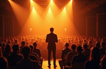 Speaker stands on stage in warm light. Large audience listens attentively. Public speaking, connection key themes. Event takes place indoors. Powerful presentation style evident. Audience engages