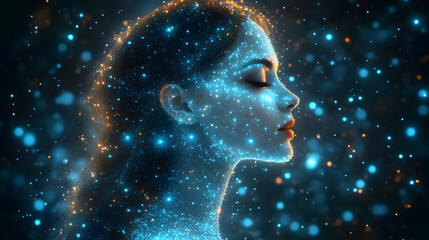 Glowing Particle Woman, Digital Art, Abstract Beauty, Celestial Portrait, Mystical Aura, Sparkly Face, Serene Expression, Night Sky, Dreamlike Figure, Imaginative Creation