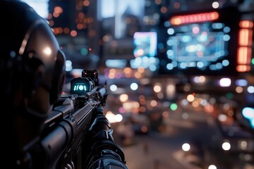 A futuristic armed figure scans a vibrant urban landscape, blending elements of action and technology in a visually striking scene filled with dynamic lights and shadows.