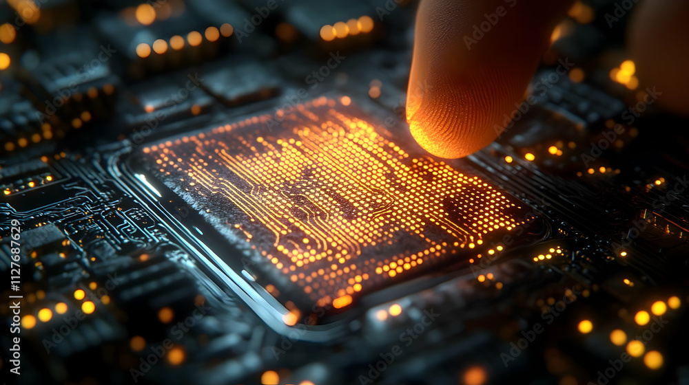Poster exploring circuit board: fingertip activates microchip's glow