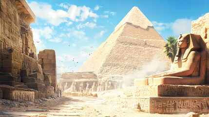 Ancient egyptian hieroglyphs carved in stone, with the great pyramid in the background. Eon. Illustration