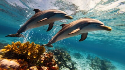 Obraz premium Dolphins Jumping Through Waves in Vibrant Coral Sea