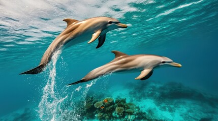 Obraz premium Dolphins Jumping Through Waves in Vibrant Waters