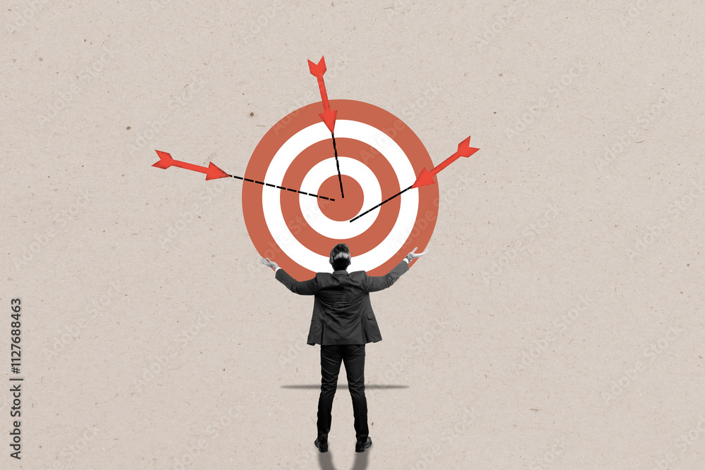 Poster a rear view of businessmen looking at a target with an arrow aiming at it with a colored background