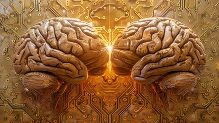 Big data and artificial intelligence concept. Human brain glowing from processor, symbolizing the fusion of human intelligence and machine learning capabilities. Evolution of technology of data.