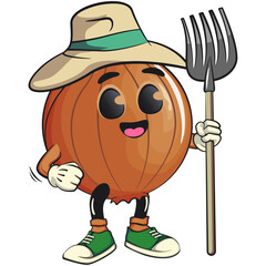 cute onion character as farmer in hat with his fork, cartoon vector illustration, work of hand drawn
