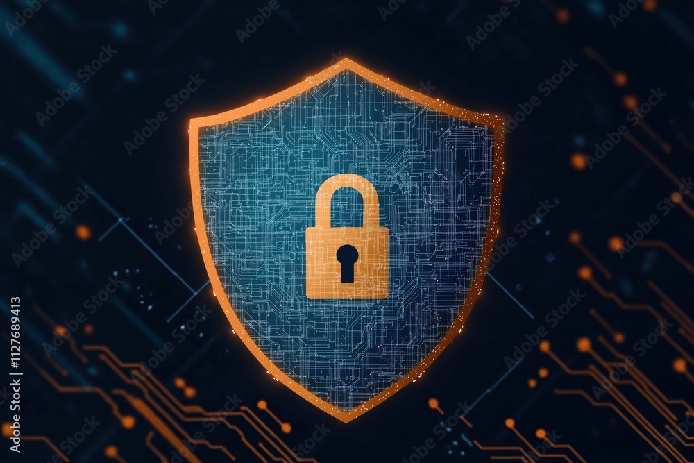 Aufkleber Digital shield protects data. Tech illustration shows security concept. Generative AI created image. Cyber protection is presented. Data encryption is safeguarded. Network security is shown.