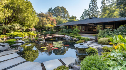 Tokyo Japanese garden with koi pond and stone lanterns, serene urban retreat