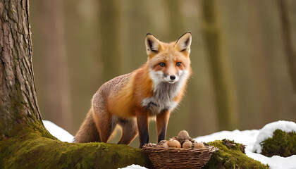 Fototapeta premium Red fox explores a snowy forest while curiously inspecting a basket of eggs nestled amidst the trees. Generative AI