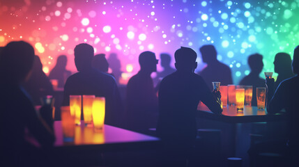 Retro-futuristic cafe with neon lights and happy patrons enjoying drinks