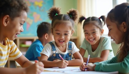 Diverse kids engage in interactive learning. Happily draw with colorful pens at bright classroom. Multiracial children involved in educational activity. Learning environment stimulating, inclusive.