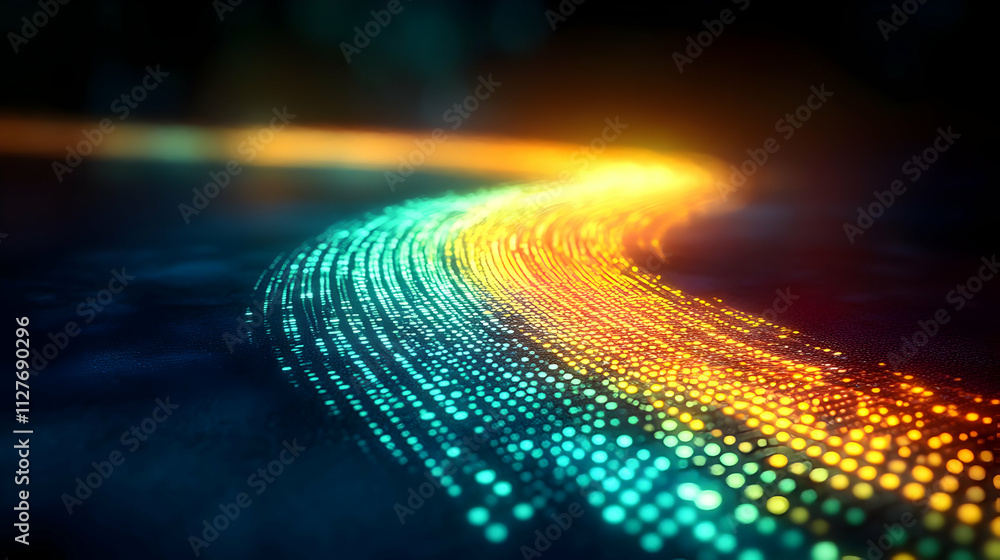 Poster vibrant light trails flow dynamically across dark surface