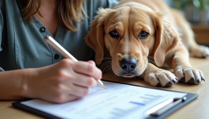 Woman fills out pet insurance form online. Dog lies by side. Pet owner completes paperwork for animal insurance. Person manages pet documents. Animal healthcare. Online form. Domestic pet. Insurance