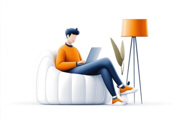 Relaxed Man Working from Home on Laptop