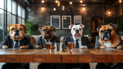 Dogs in Suits: Business Meeting, Canine CEOs, Boardroom,  Serious Expressions,  Professional, Adorable,  Four Bulldogs,  Teamwork,  Leadership,  Corporate