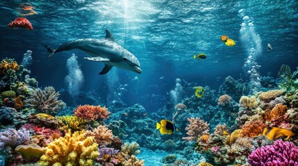 Fototapeta premium Dolphin, vibrant coral reef, colorful fish, underwater scene.